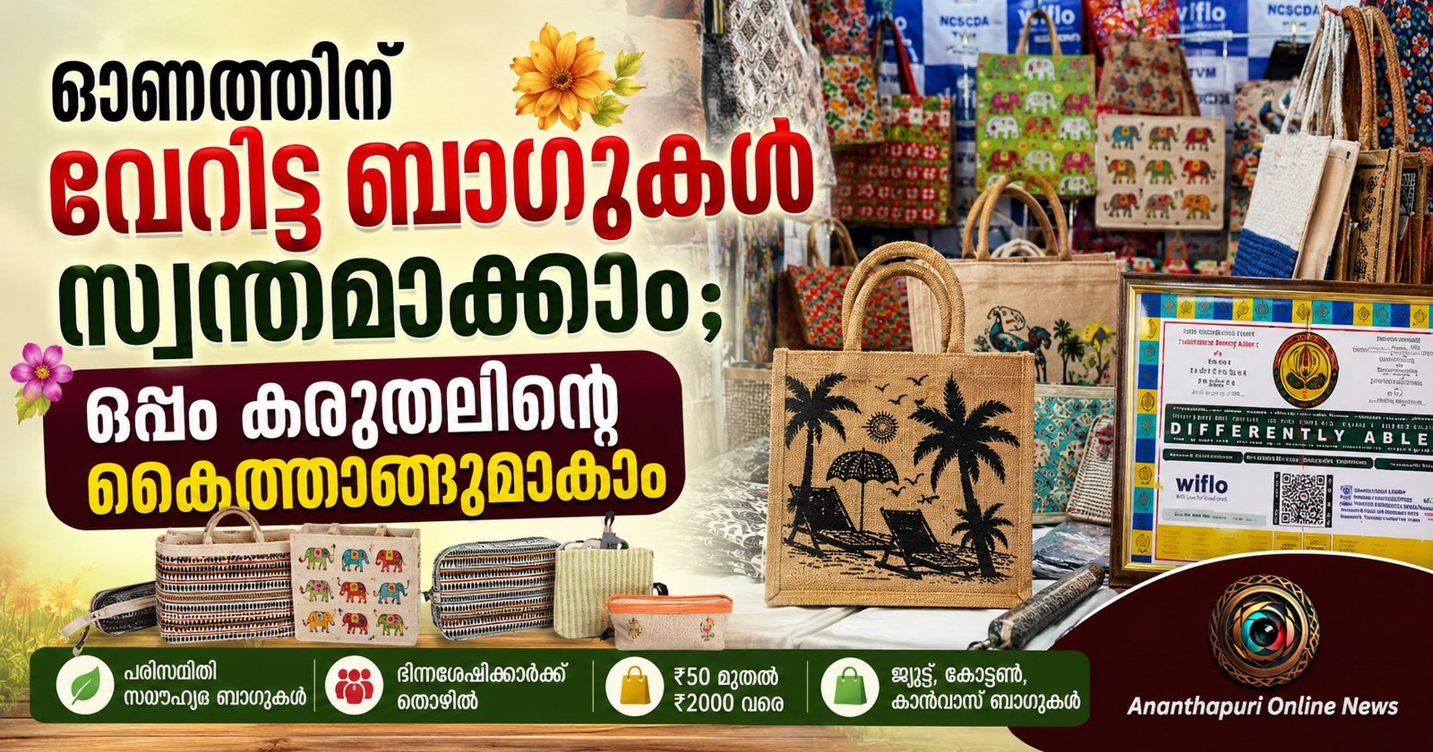 ഓണത്തിന് വേറിട്ട ബാഗുകൾ സ്വന്തമാക്കാം; ഒപ്പം കരുതലിന്റെ കൈത്താങ്ങുമാകാം