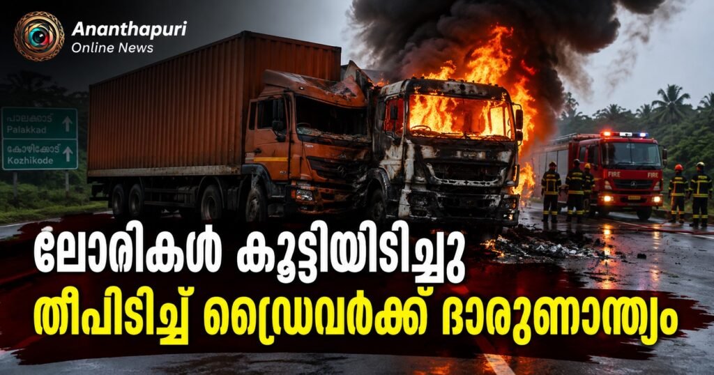 പാലക്കാട് ലോറികൾ തമ്മിൽ കൂട്ടിയിടിച്ചു, പിന്നാലെ തീപിടിത്തം; ഡ്രൈവർക്ക് ദാരുണാന്ത്യം
